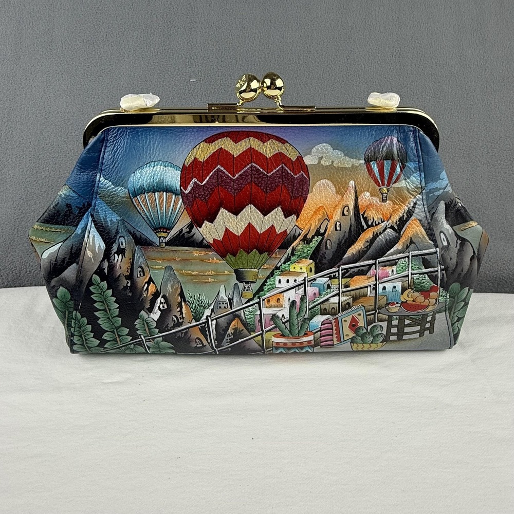 Anuschka Hand Painted Bag Purse Leather Hot Air Balloon Kiss Lock Crossbody NWT - Picture 3 of 14